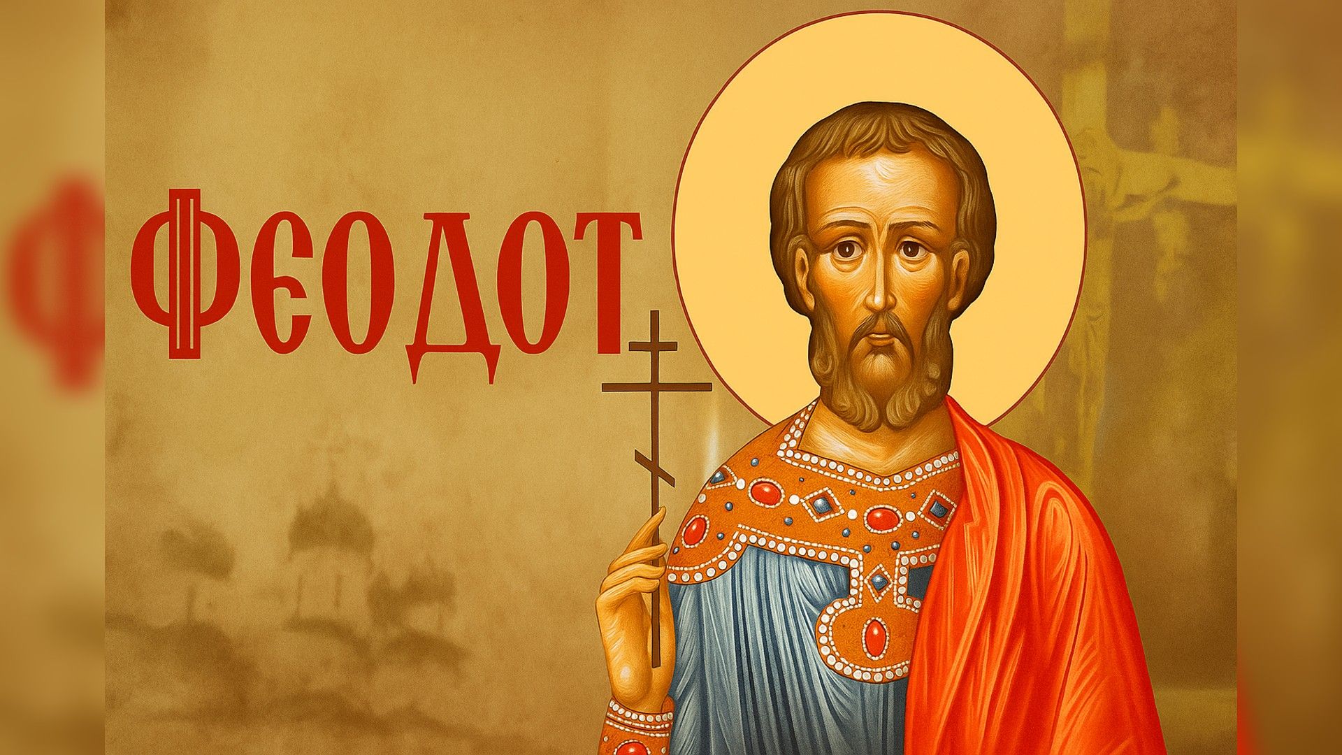 православная икона с надписью "Феодот" старославянским шрифтом