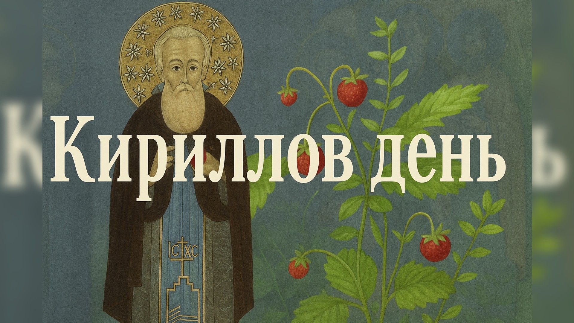 православный святой с нимбом и надписью «Кириллов день» на фоне зелени и красной земляники