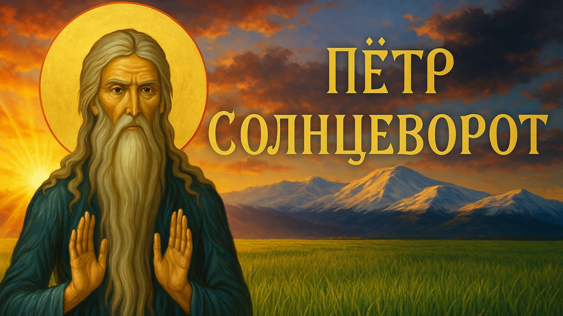 Изображение святого с нимбом на фоне закатного неба и гор, рядом надпись «Пётр Солнцеворот» золотыми буквами.