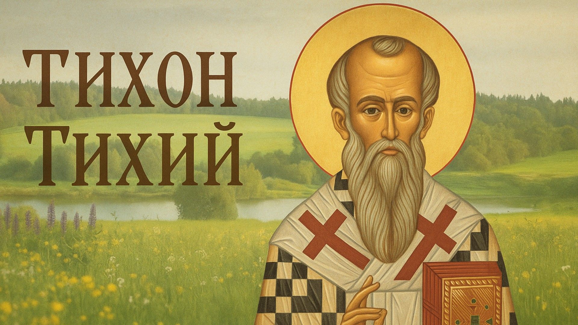 Икона святителя Тихона с книгой и благословляющей рукой на фоне летнего пейзажа с полем и рекой, надпись "Тихон Тихий"