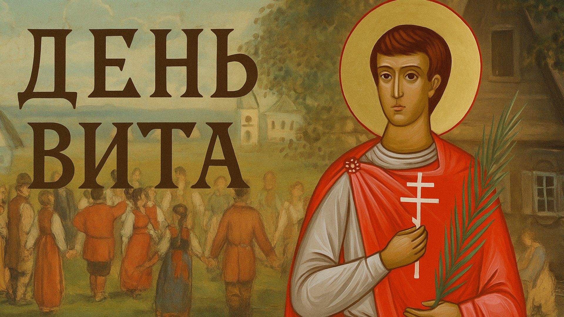 Икона святого Вита в красном одеянии с крестом и пальмовой ветвью, на фоне деревенского праздника с хороводом, надпись "День Вита"