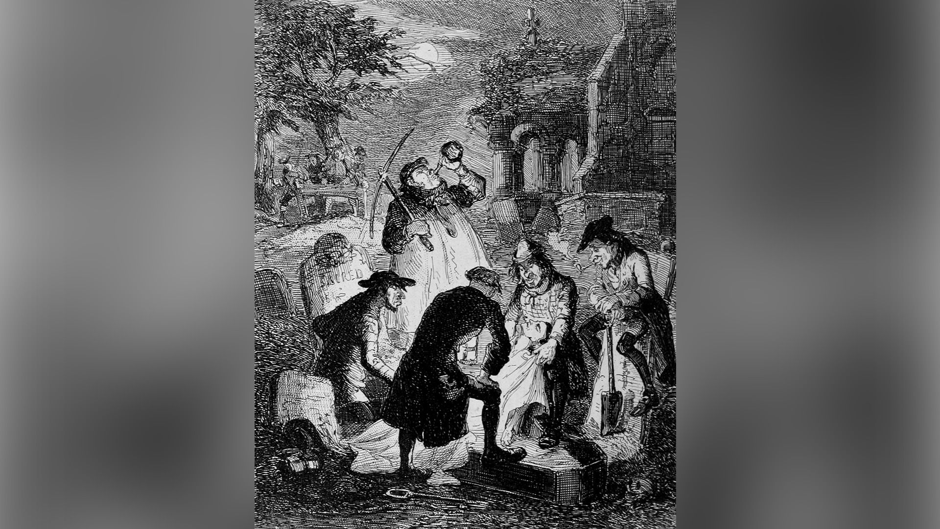 Гравюра, изображающая работу похитителей трупов (1847 год)