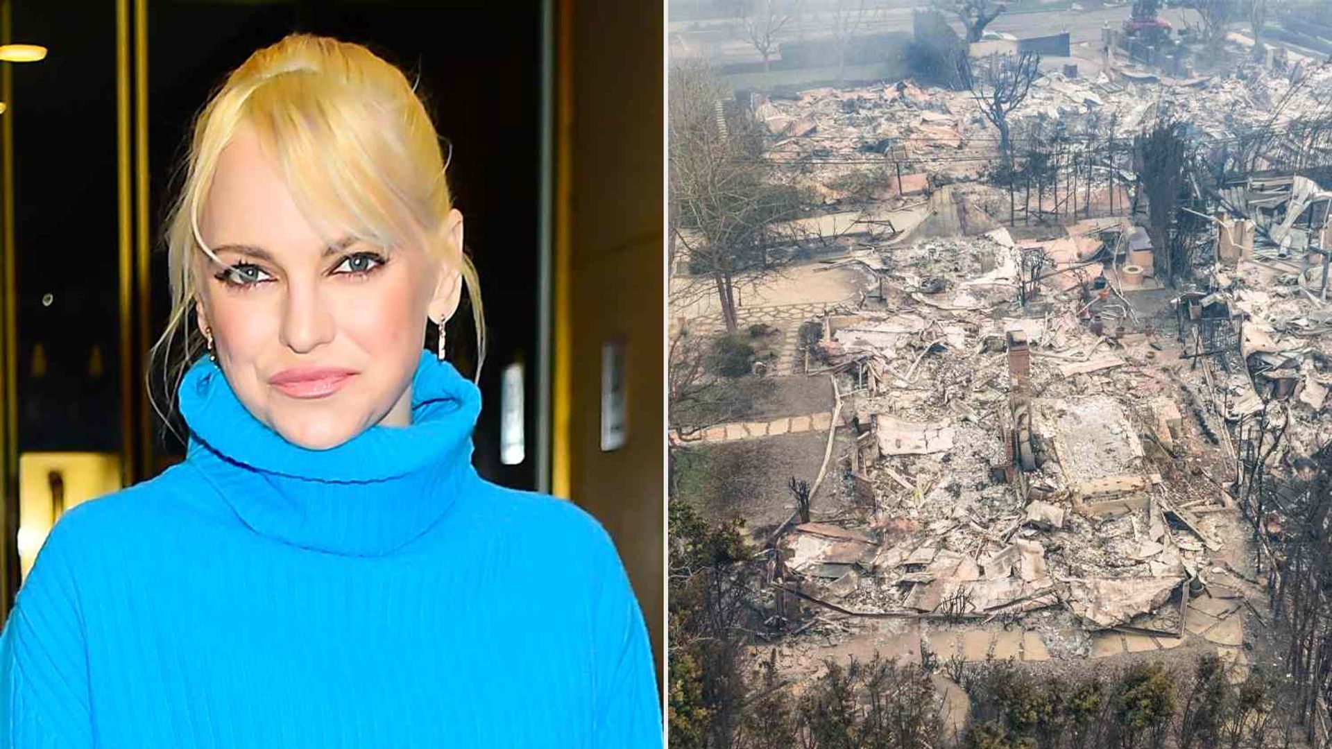 Слева Анна Фэрис в голубой водолазке, справа ее горевший до фундамента дом