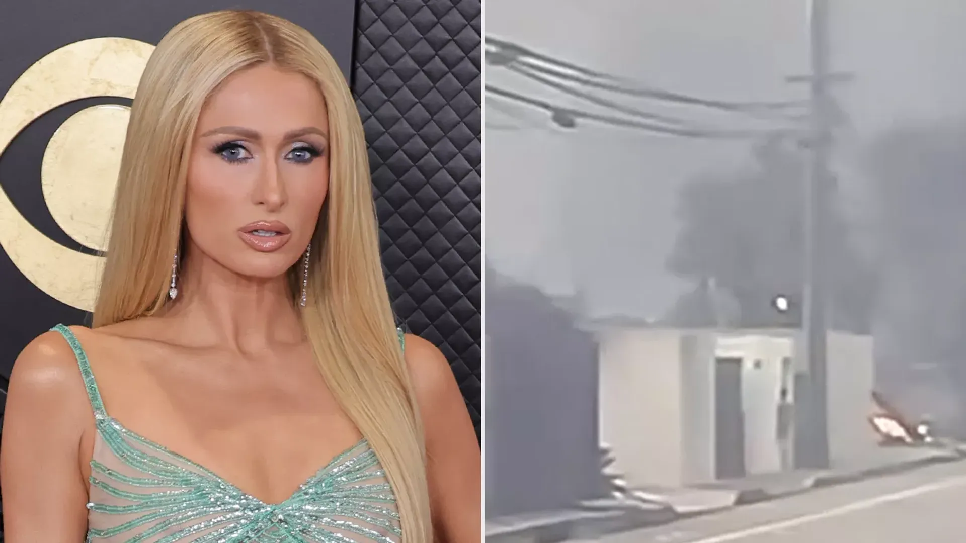 Слева фото Пэрис Хилтон, справа фото её горящего домика в плохом разрешении