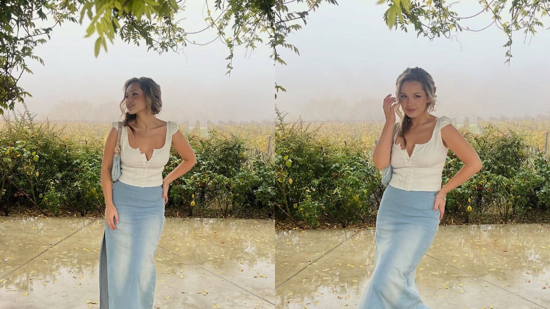 Василина Юсковец в джинсовой юбке и белом топике на фоне южной природы, коллаж из 2 фото