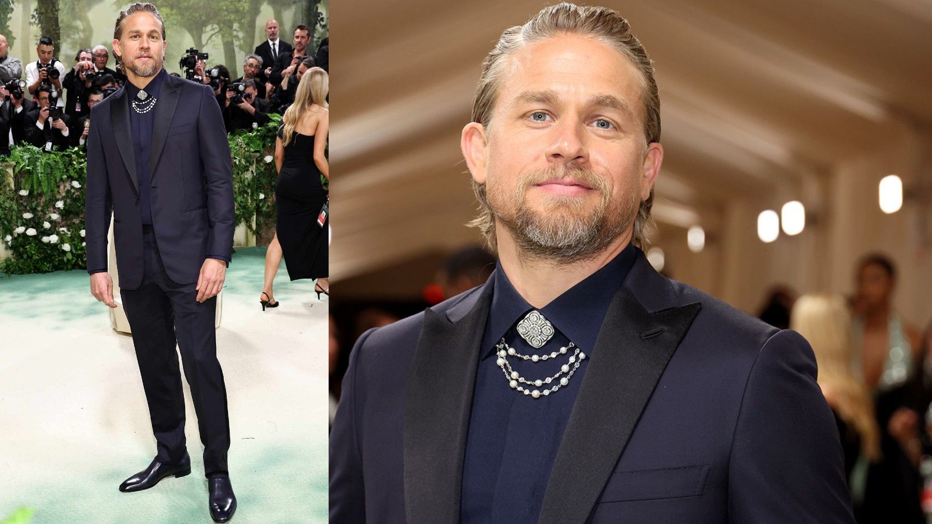 Чарли Ханнэм в темно-синем костюме, фото с Met Gala 2024, коллаж из 2 фото