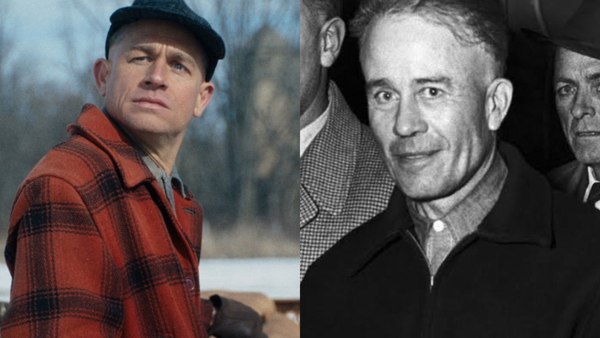 Коллаж из двух фото: Чарли Ханнэм в сериале "Монстр: Эд Гин" и настоящий Эд Гин, черно-белое фото