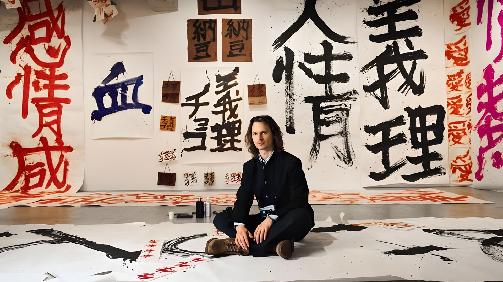 Энсел Элгорт в чёрном костюме сидит на полу в окружении больших полотен с яркими иероглифами