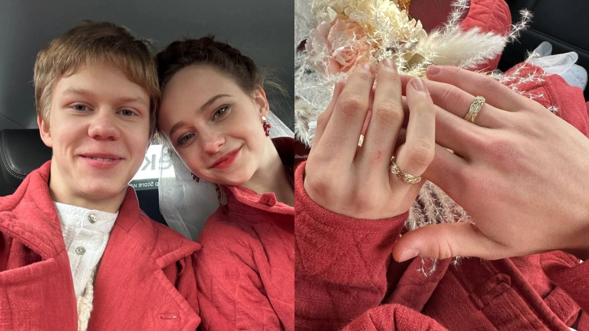 Тимофей Кочнев и Таисья Калинина в красных нарядах делают селфи, справа фото их обручальных колец