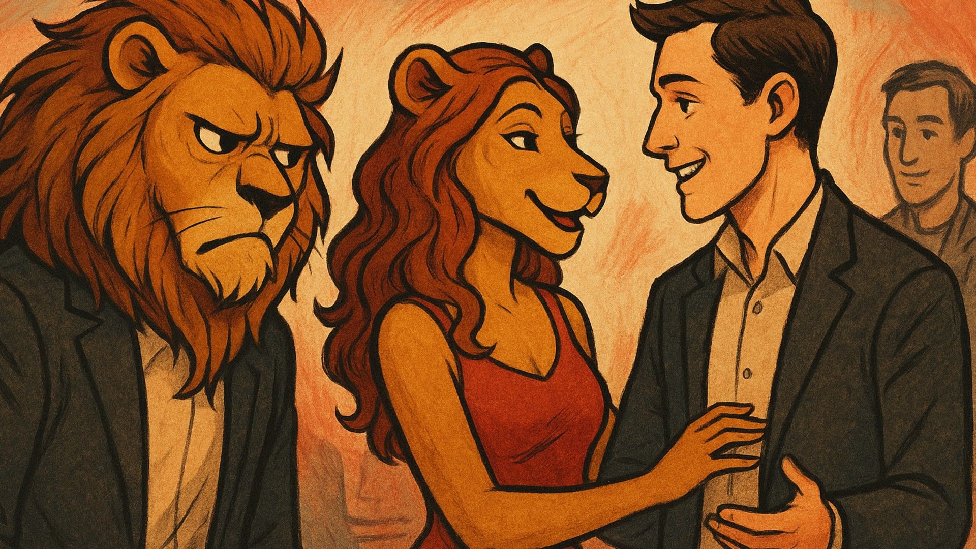 антропоморфное воплощение мужчины-ЛЬва с ревностью смотрит, как его девушка общается с другим мужчиной