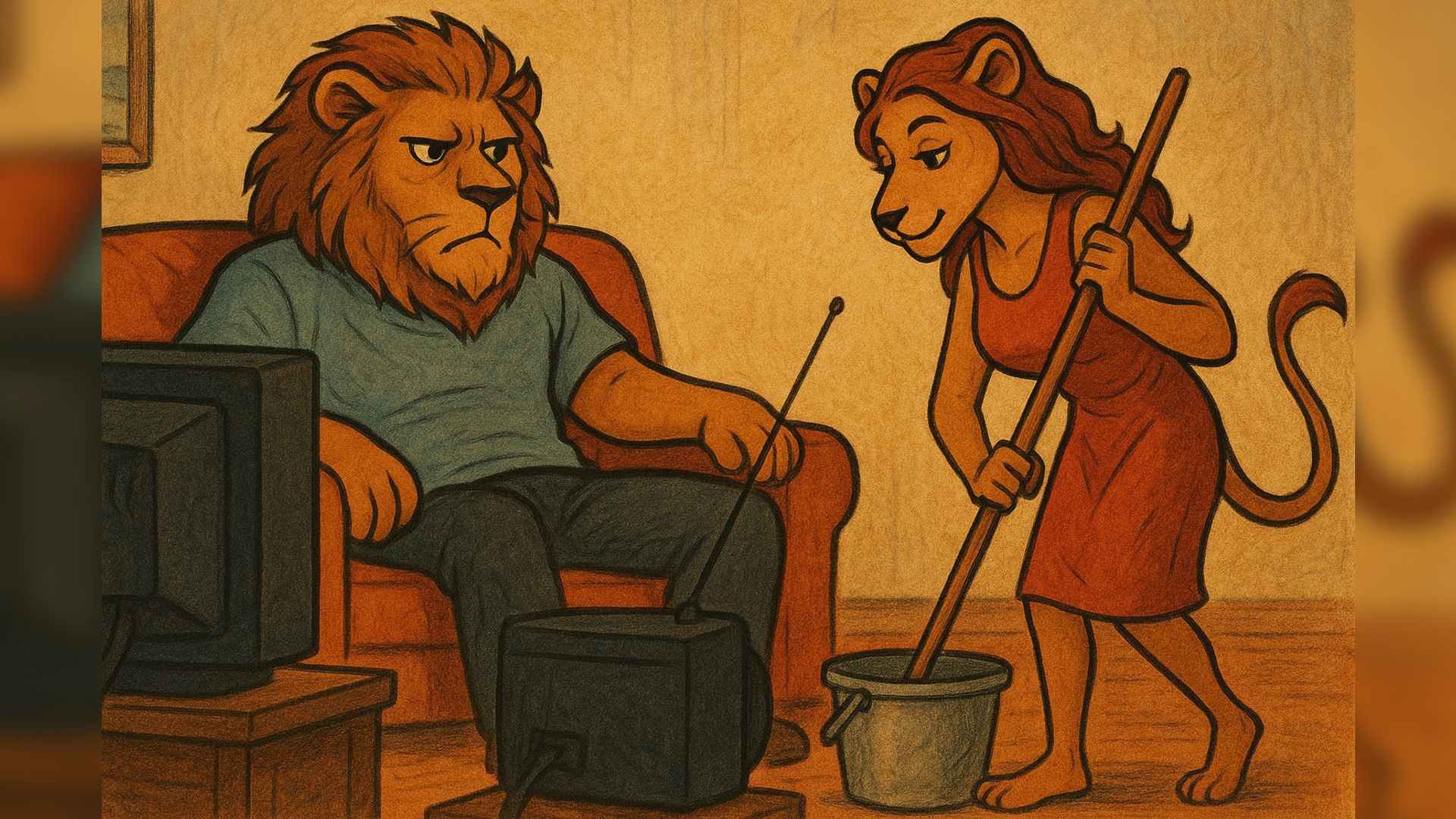 антропоморфное воплощение мужчины-ЛЬва сидит на диване и смотрит телевизор, пока его девушка моет пол