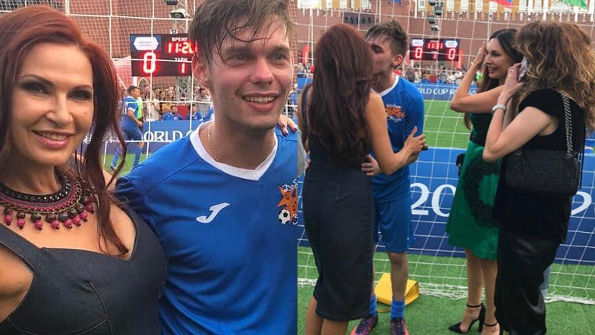 Аристарх Венес и Эвелина Блёданс позируют на фоне футбольного поля