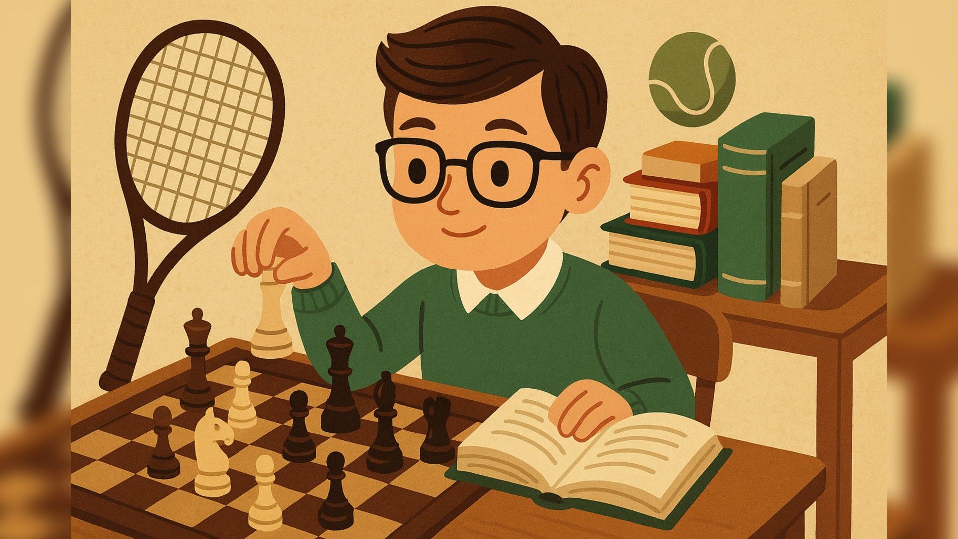 интеллигентный мальчик и его увлечения: шахматы, книги, теннис