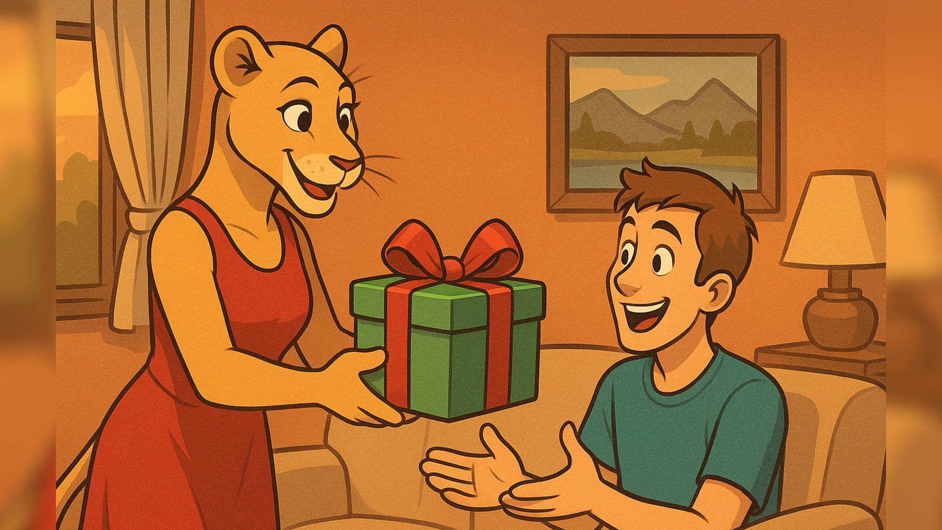 Антропоморфное представление женщины-Льва дарит мужчине подарок, о котором он давно мечтал