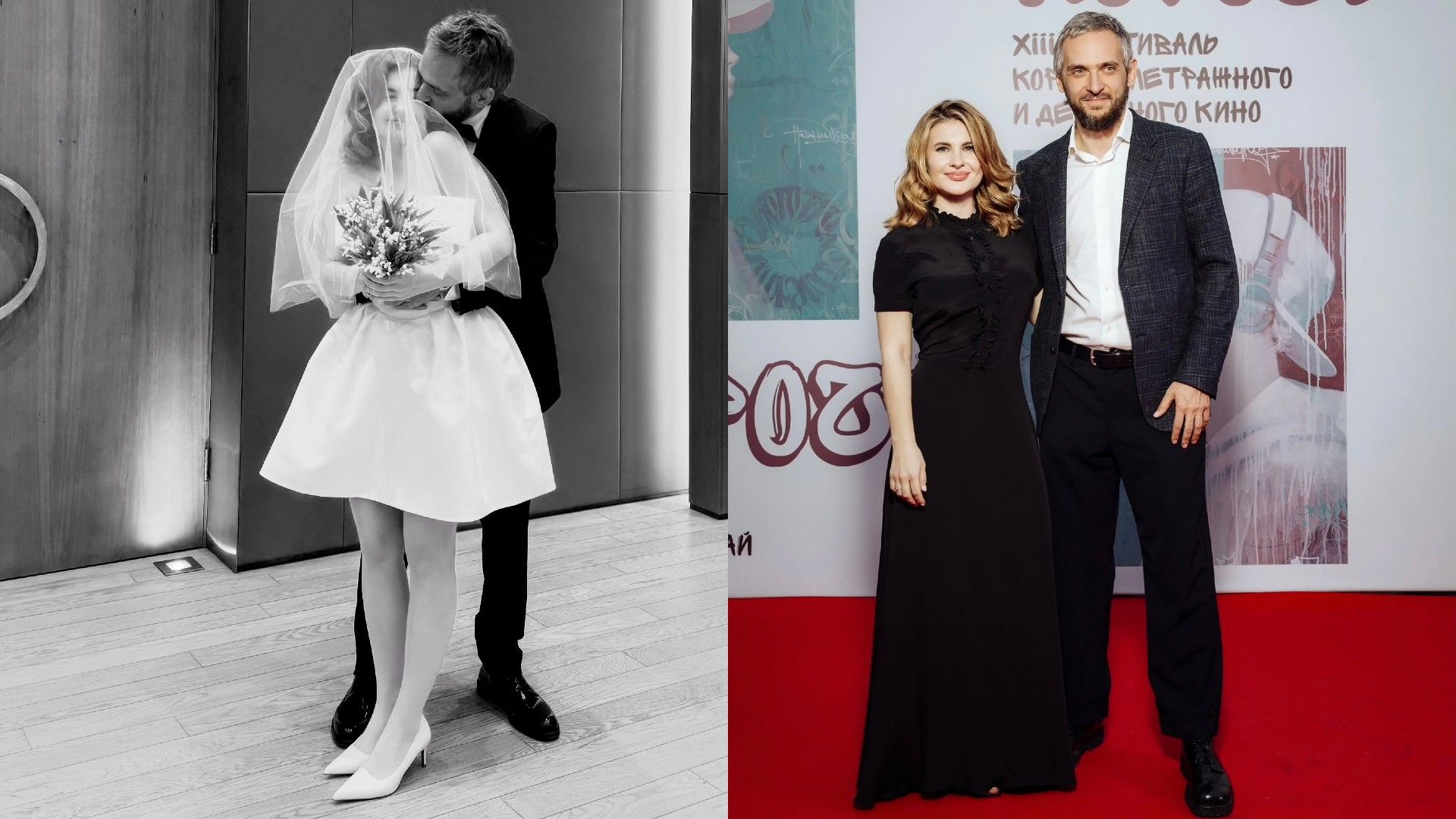 Анна Цуканова и Михаил Врубель, коллаж из двух фото: свадьба и красная дорожка