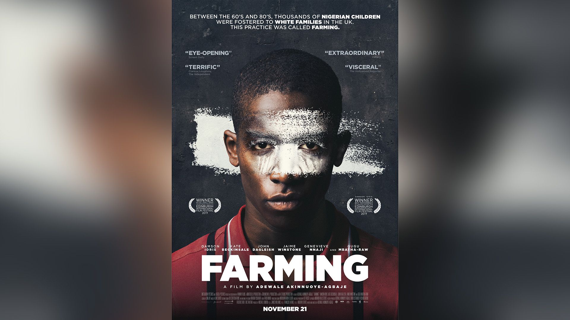 Постер фильма "Воспитание" с Демсоном Идрисом, чьё лицо разрисовано белой краской