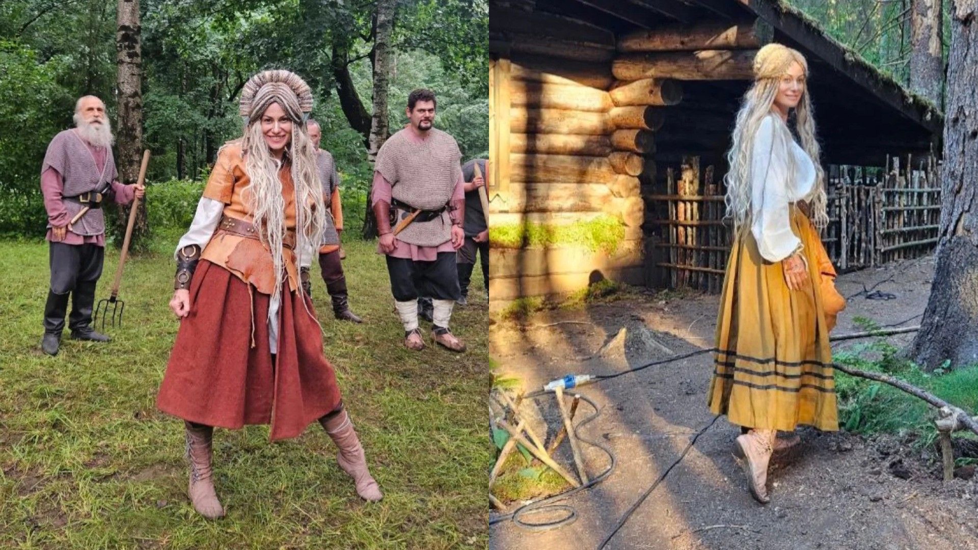 Анна Ковальчук в русских народных костюмах позирует на съёмочной площадке