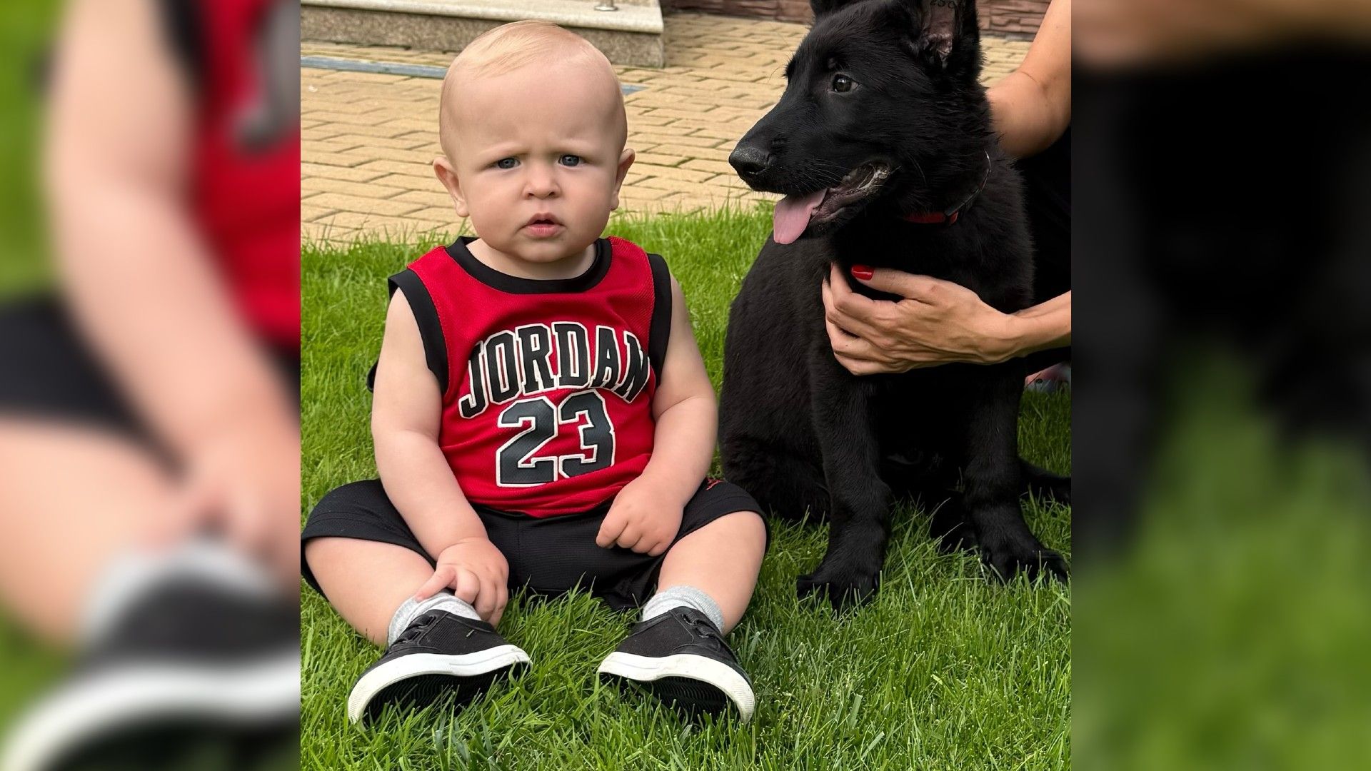 Годовалый ребенок в спортивной форме сидит на траве, рядом черная собака