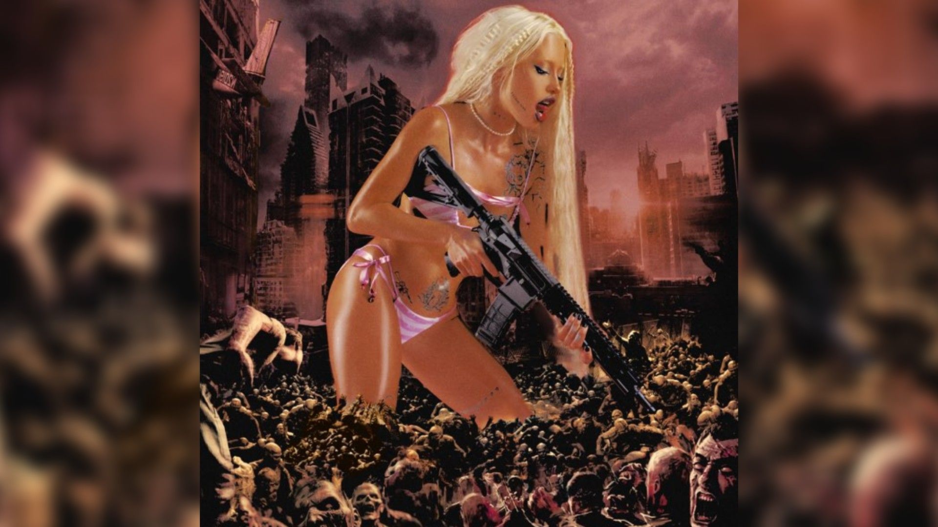 Нарисованная гигантская Хофманита в розовом бикини с автоматом в руках, вокруг толпа