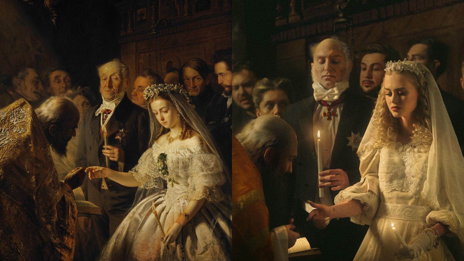 Картина Пукирева Неравный брак, справа - имитирующая ее фотосессия Дианы Астер