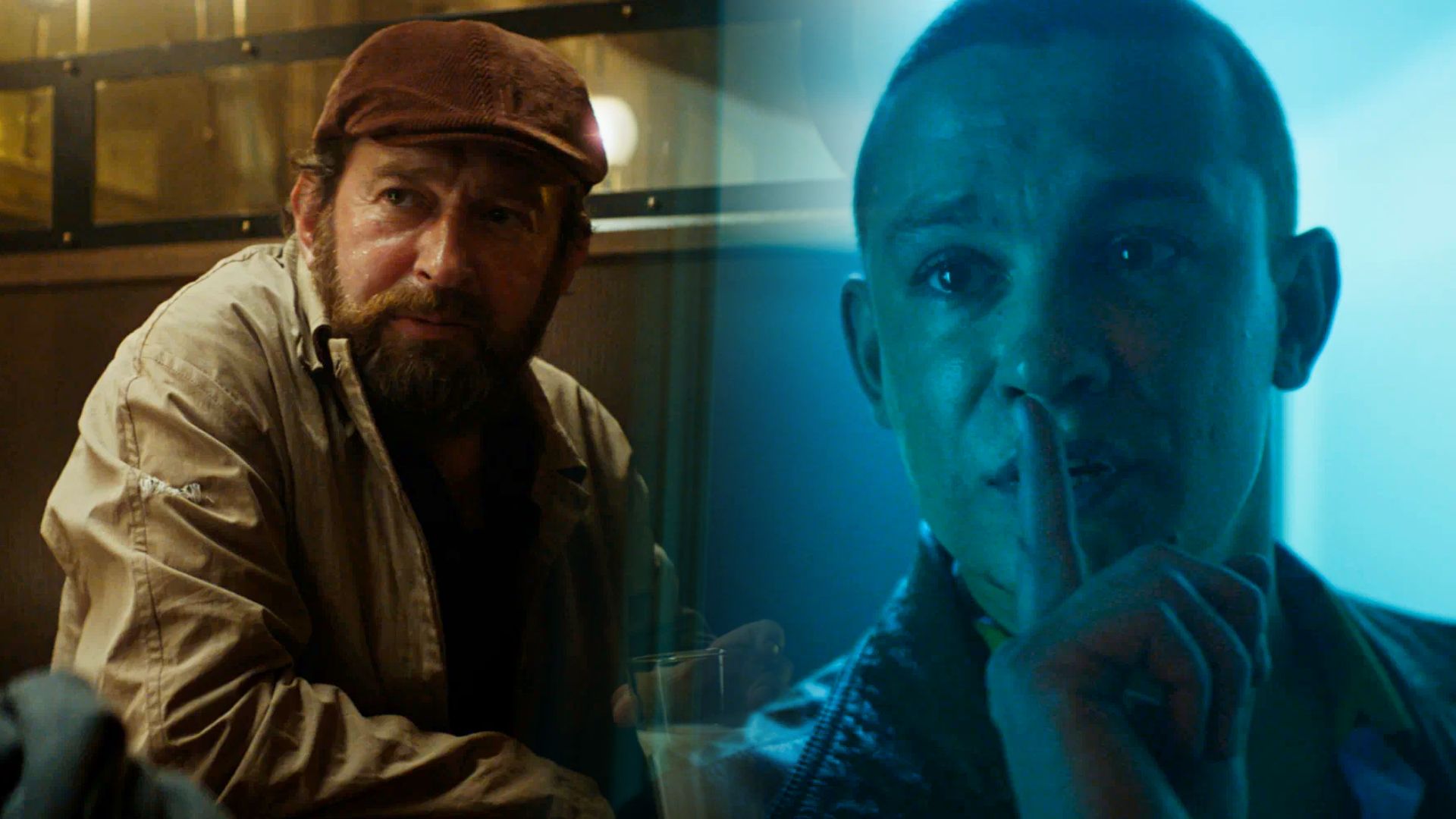 Актер Константин Хабенский с бородой и в кепке, справа актер Никита Кологривый с указательным пальцем у рта