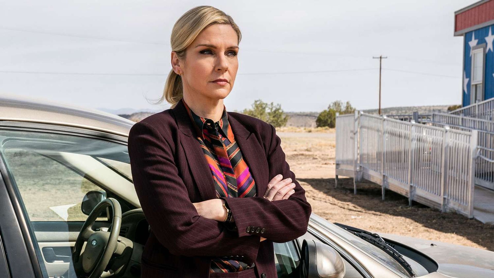 Рэй Сихорн в деловом костюме стоит, скрестив руки, на фоне автомобиля