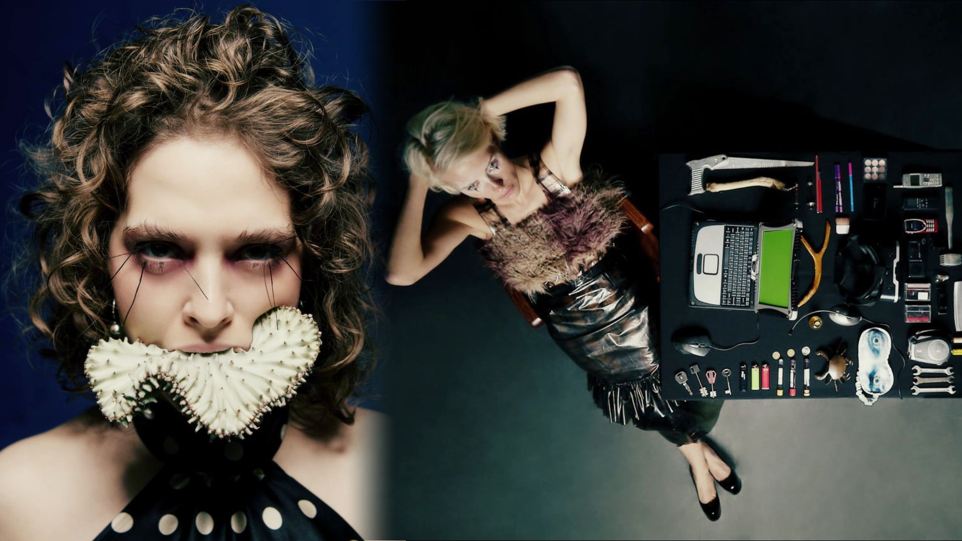 Актриса Анна Савранская в черном платье в горошек, справа актриса Снежана Самохина за столом с ноутбуком