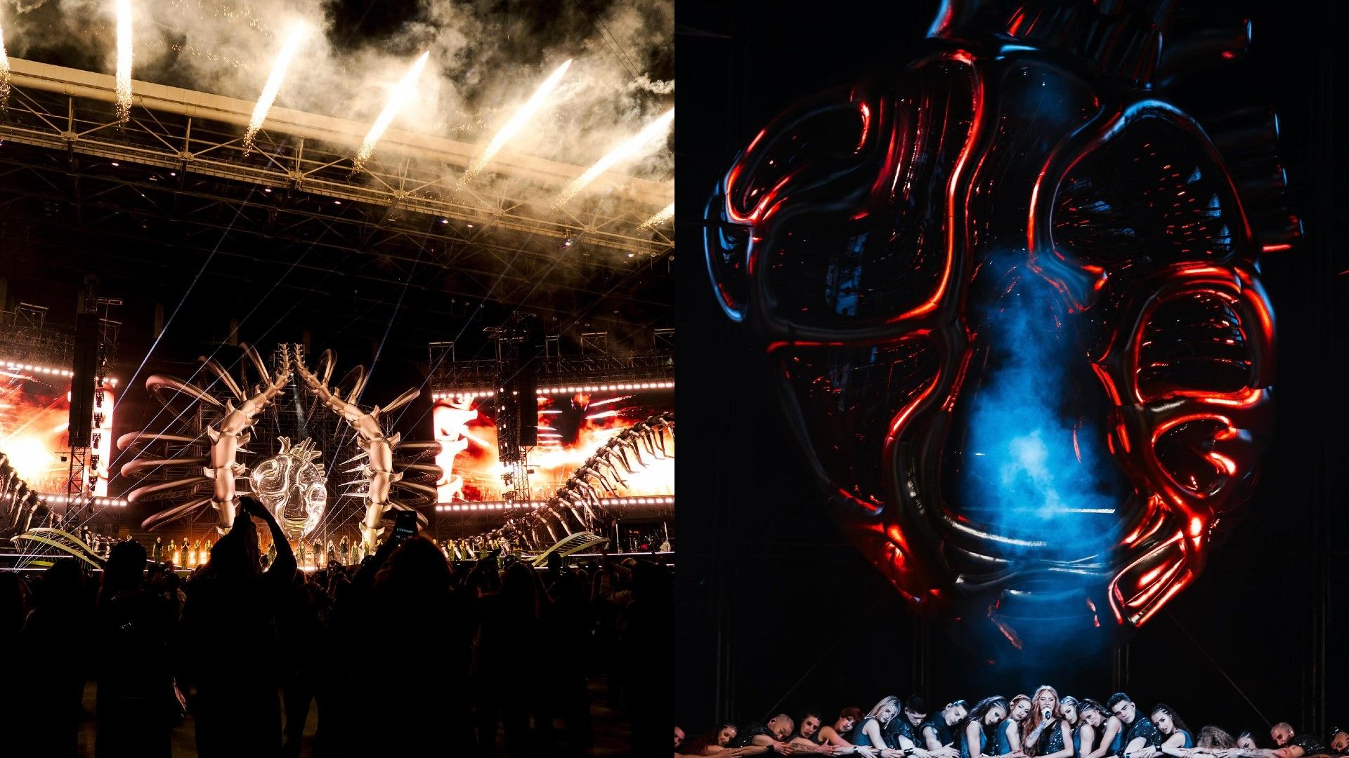 Фото декораций снцеы на стадионе, в центре - огромное пылающее сердце