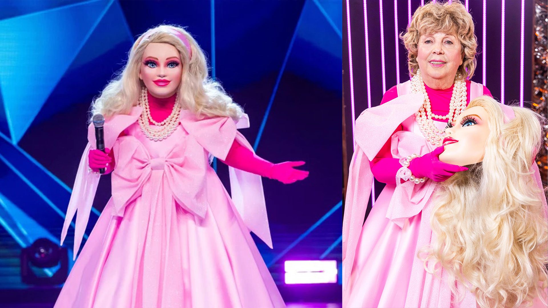 Лариса Рубальская в костюме барби – в розовом платье и с длинными белыми волосами