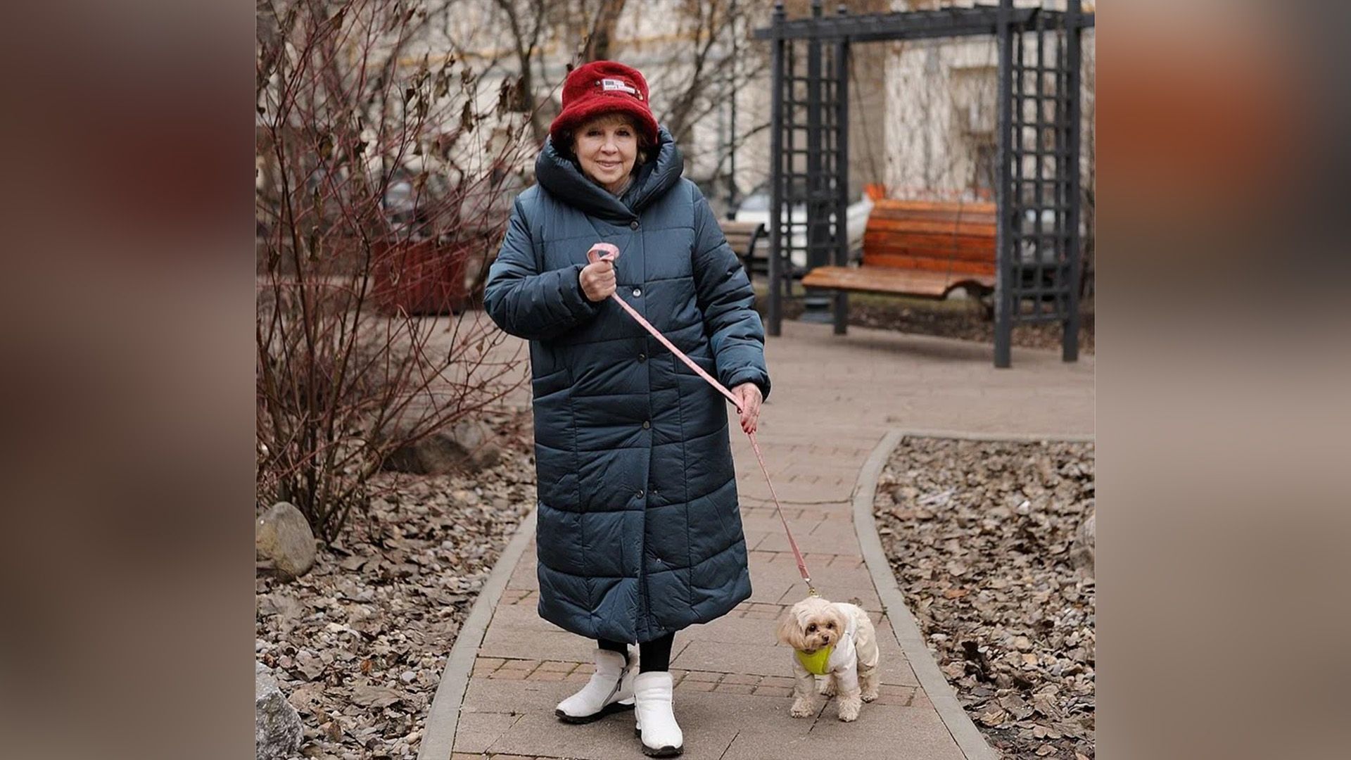 Лариса Рубальская в синем пальто стоит во дворе и держит на поводке мальтипу в комбинезоне