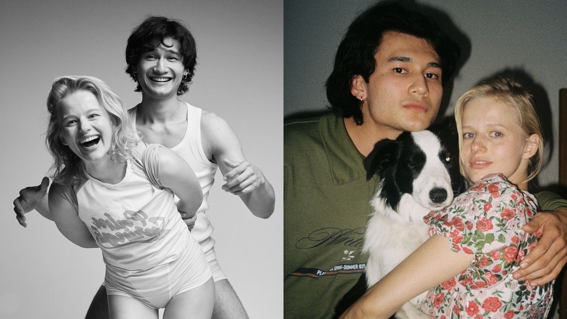 Александра Бортич и Давид Сократян, коллаж из двух фото: черно-белое и ретро