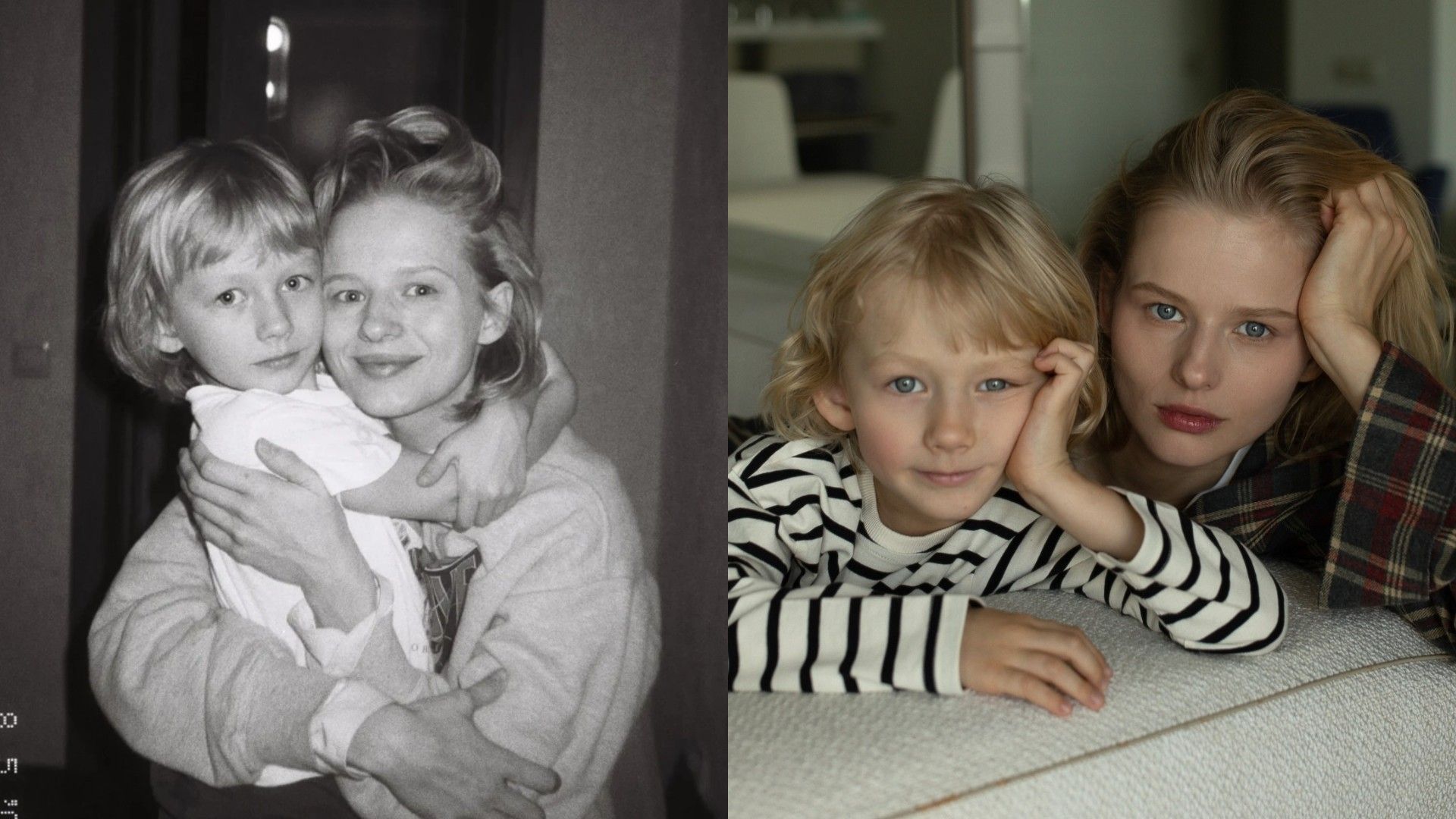 Александра Бортич обнимает сына Сашу, черно-белое фото, справа: Бортич и ее сын сидят за столом, цветное фото