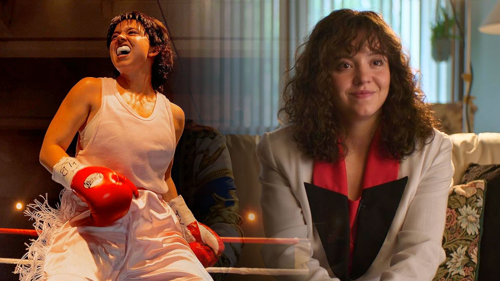 Девушка в белой майке и в боксерских перчатках, справа девушка с кудрявыми волосами сидит на диване