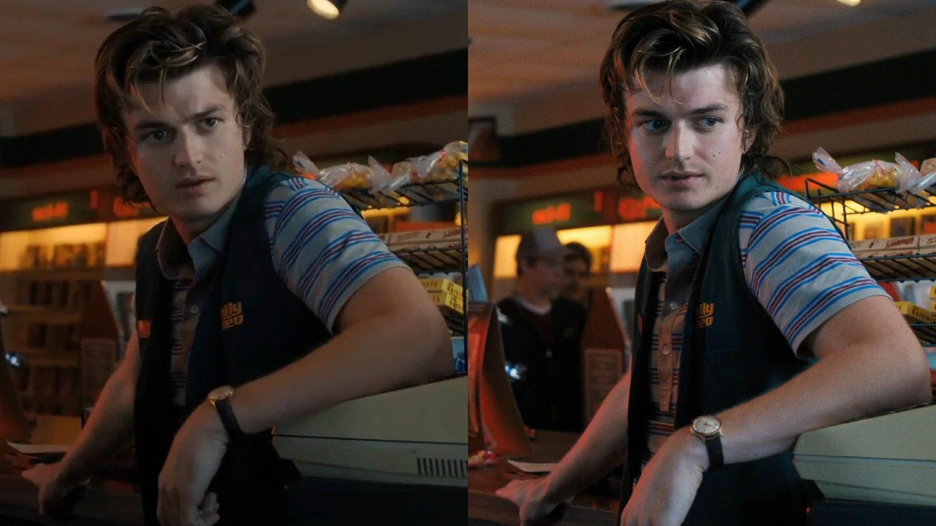 Джо Кири сидит в полоборота, коллаж из двух фото