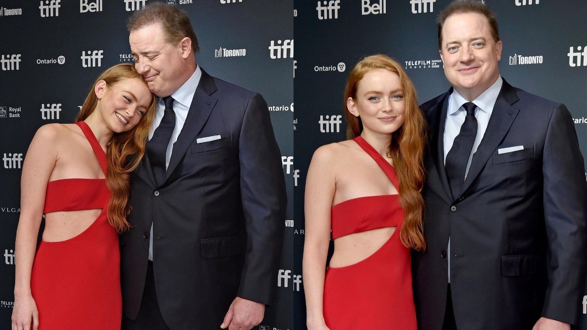 Сэди Синк в красном платье и Брендан Фрейзер в костюме позируют на кинофестивале Торонто