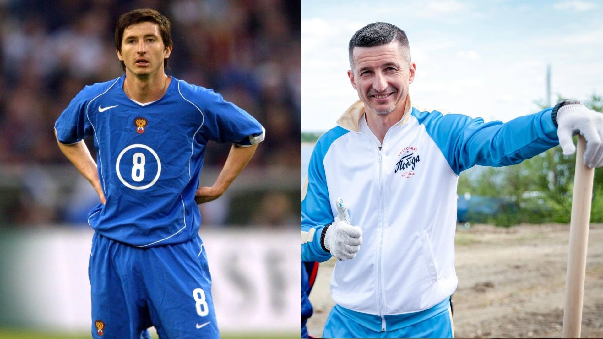 Евгений Алдонин в молодости в футбольной форме и сейчас, в спортивной куртке, оперевшись на лопату