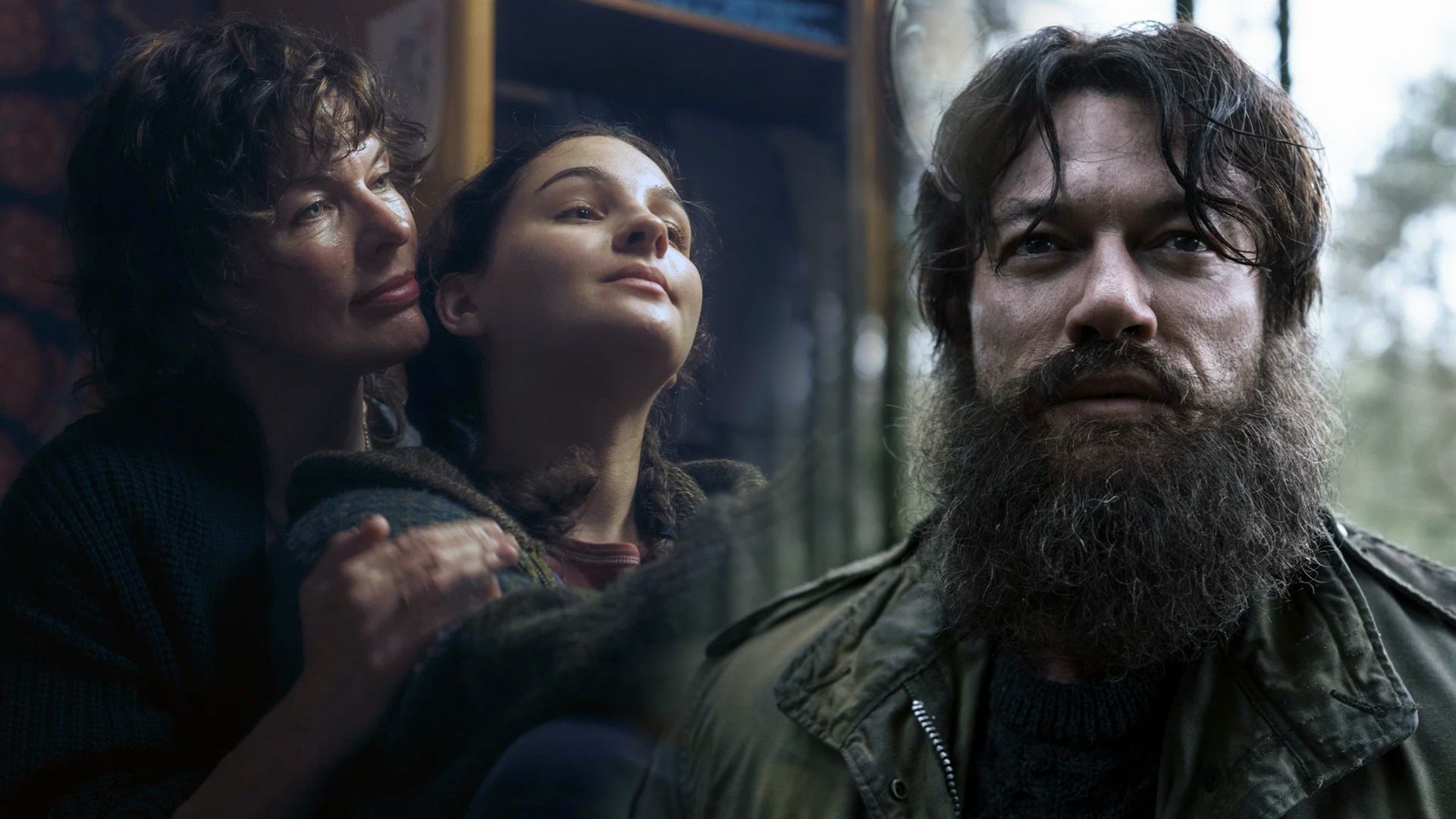 Актриса Милла Йовович обнимает девочку и улыбается, справа актер Люк Эванс с бородой