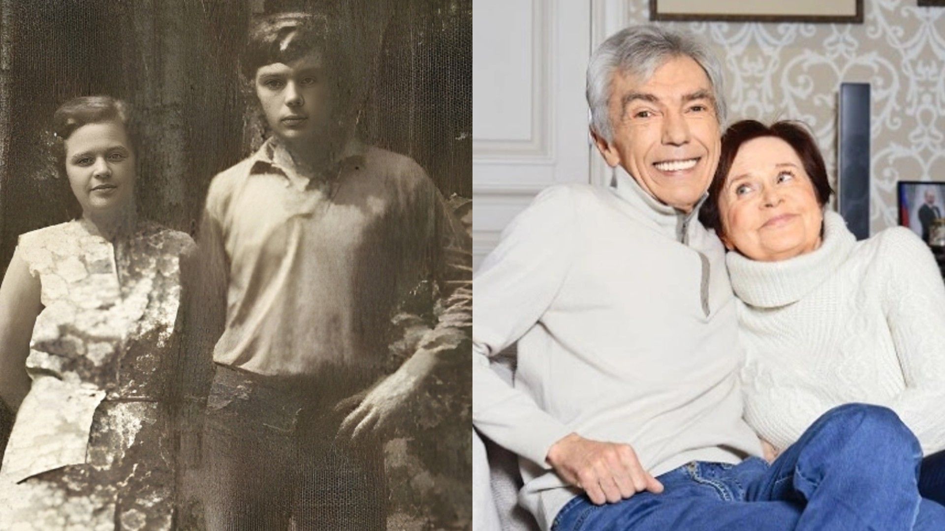 Юрий Николаев и Элеонора Гравис, коллаж их двух фото: на левой они в молодости, на правой в зрелом возрасте