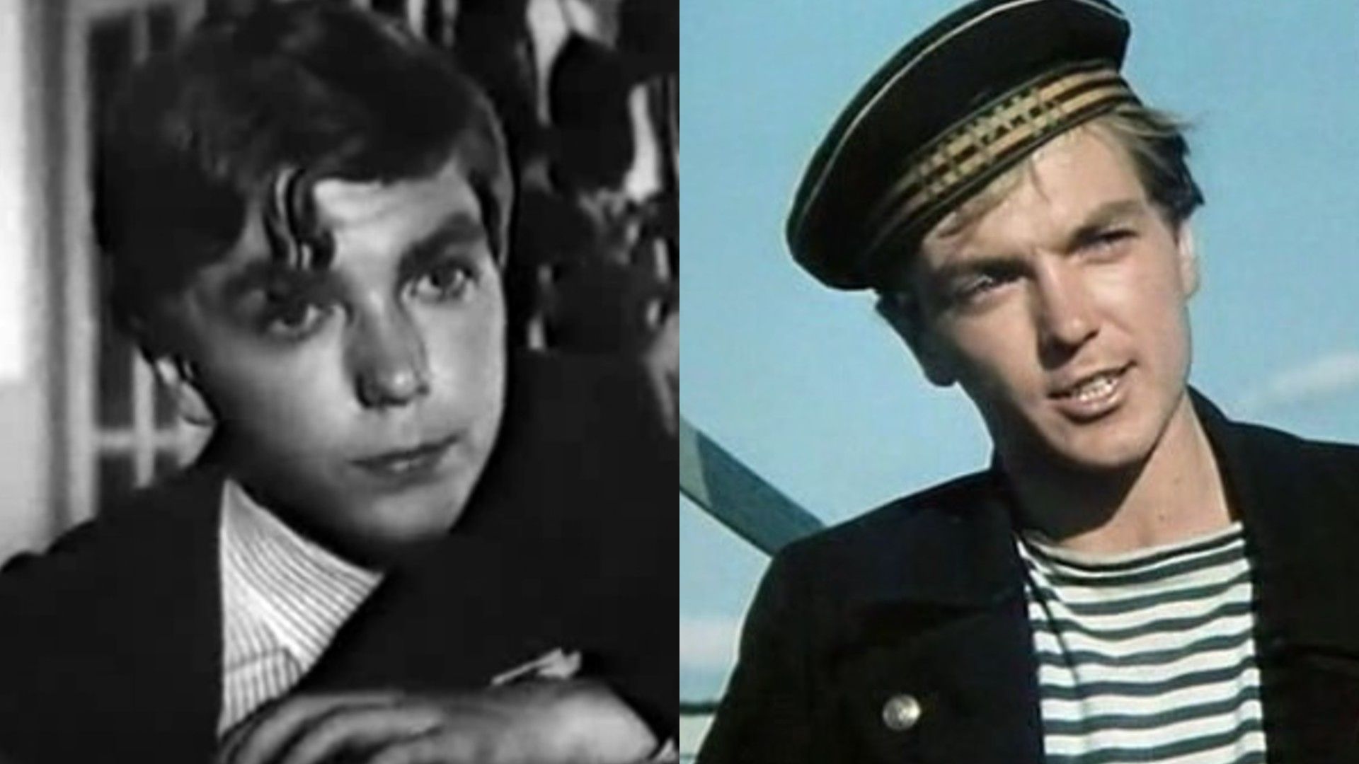 Юрий Николаев в молодости, коллаж их двух фото, кадры из фильмов