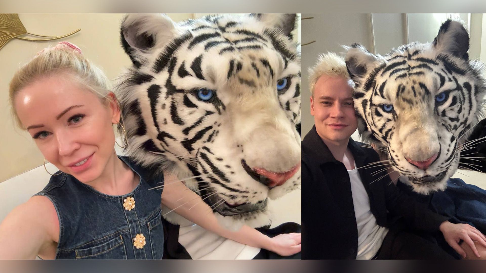 Коллаж: Екатерина Мизулина с человеком в маске белого тигра; Ярослав Дронов с девушкой в маске белого тигра