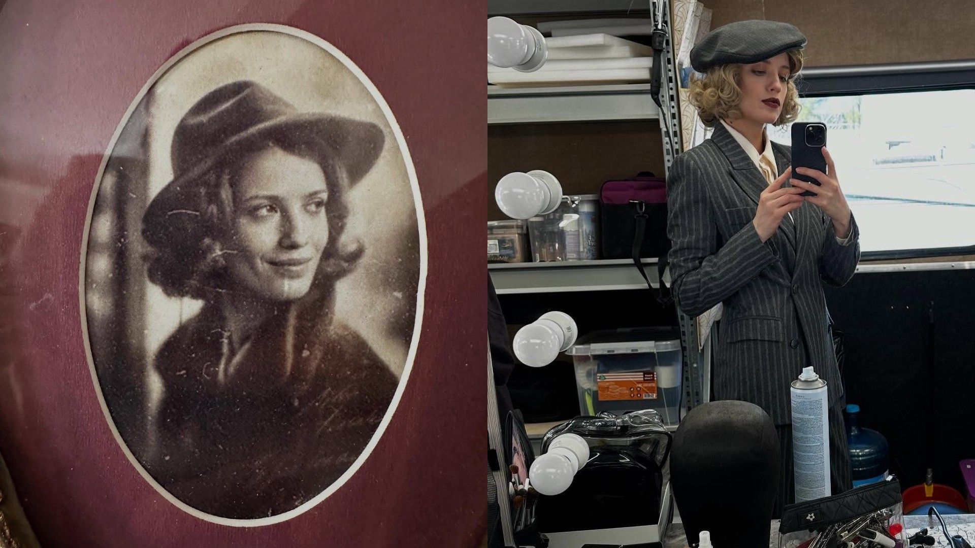 Анна Чиповская в ретро-одежде, слева - черно-белый портрет, справа - перед зеркалом