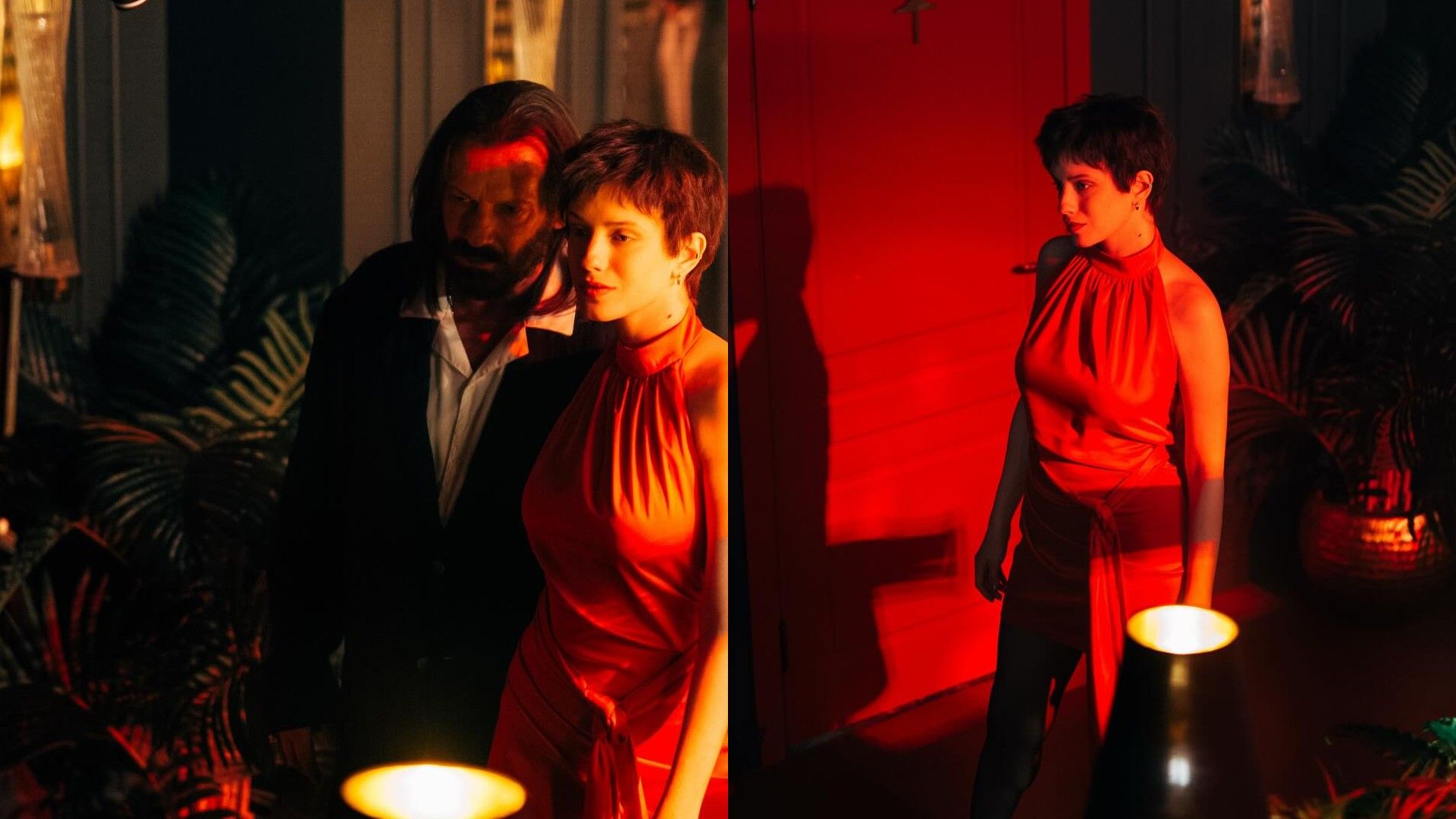 Анна Чиповская с короткой стрижкой в красном платье, коллаж из двух фото