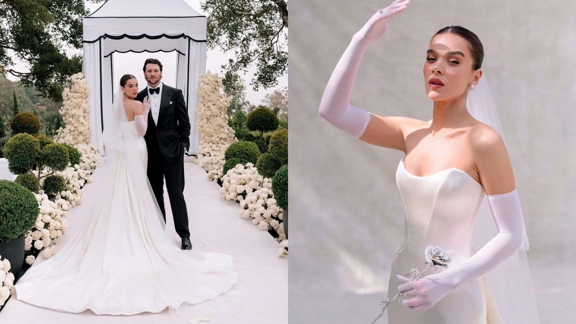 Хейли Стайнфелд и Джош Аллен в свадебных нарядах позируют перед камерой, справа Хейли в свадебном платье
