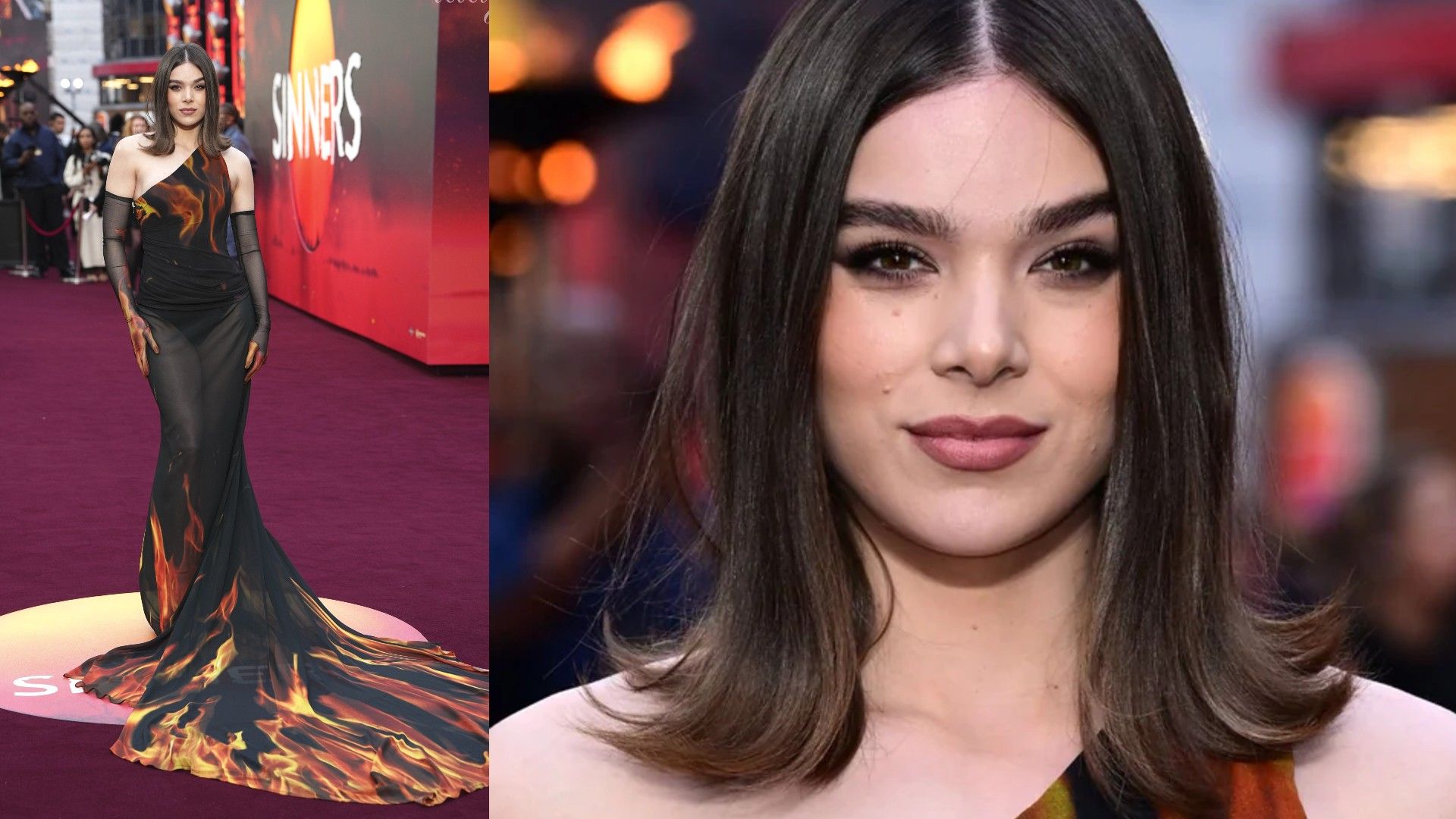 Хейли Стайнфелд в чёрном платье без одного плеча с принтом в виде языком пламени на красной дорожке