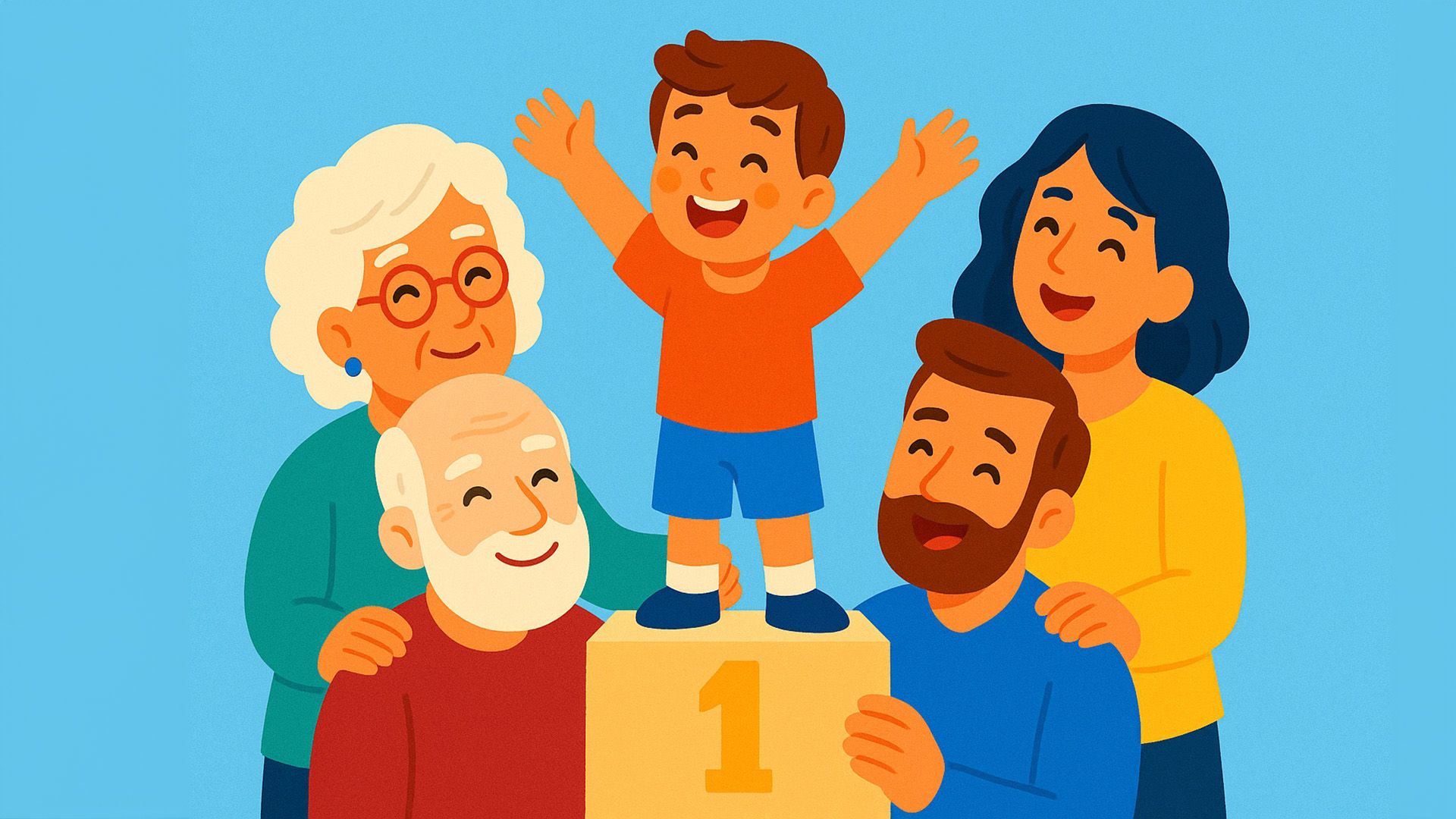 Счастливый мальчик стоит на пьедестале в окружении родителей и бабушки с дедушкой