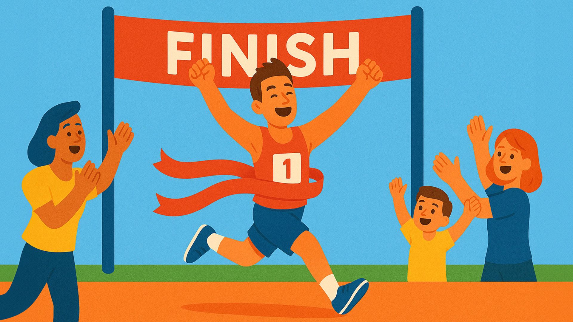 Мужчина бегун финиширует первым, вокруг ликуют зрители