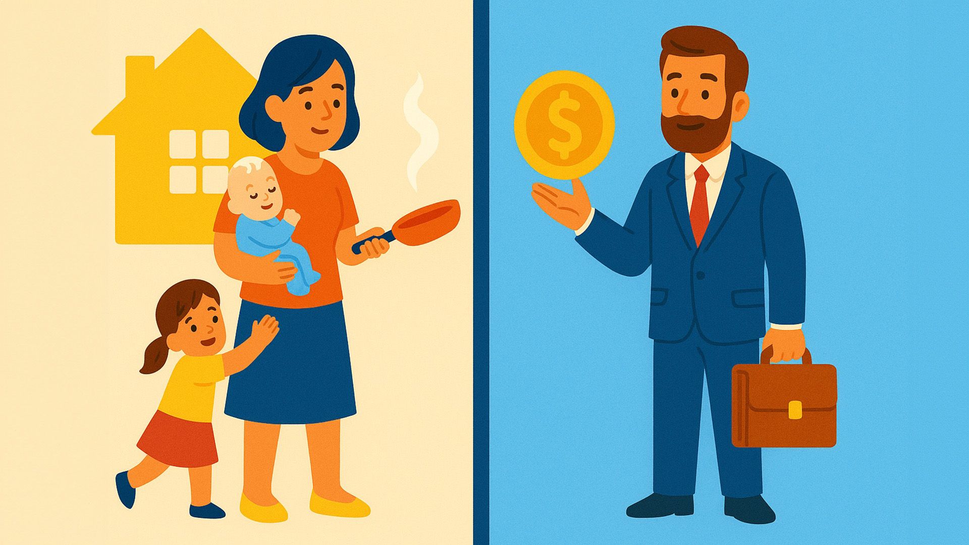 Женщина с двумя детьми и сковородой в руках, позади неё дом; и мужчина в костюме и с портфелем и монетой в руках