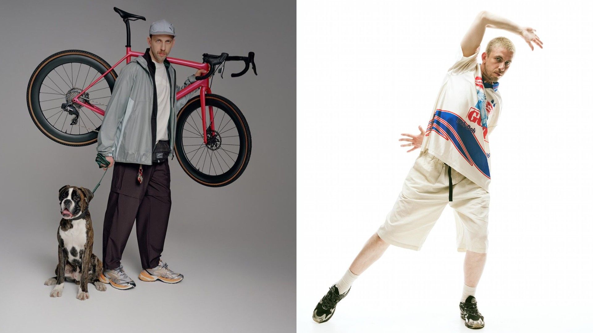 Александр Паль с велосипедом и боксёром слева, тянется в спортивной форме справа