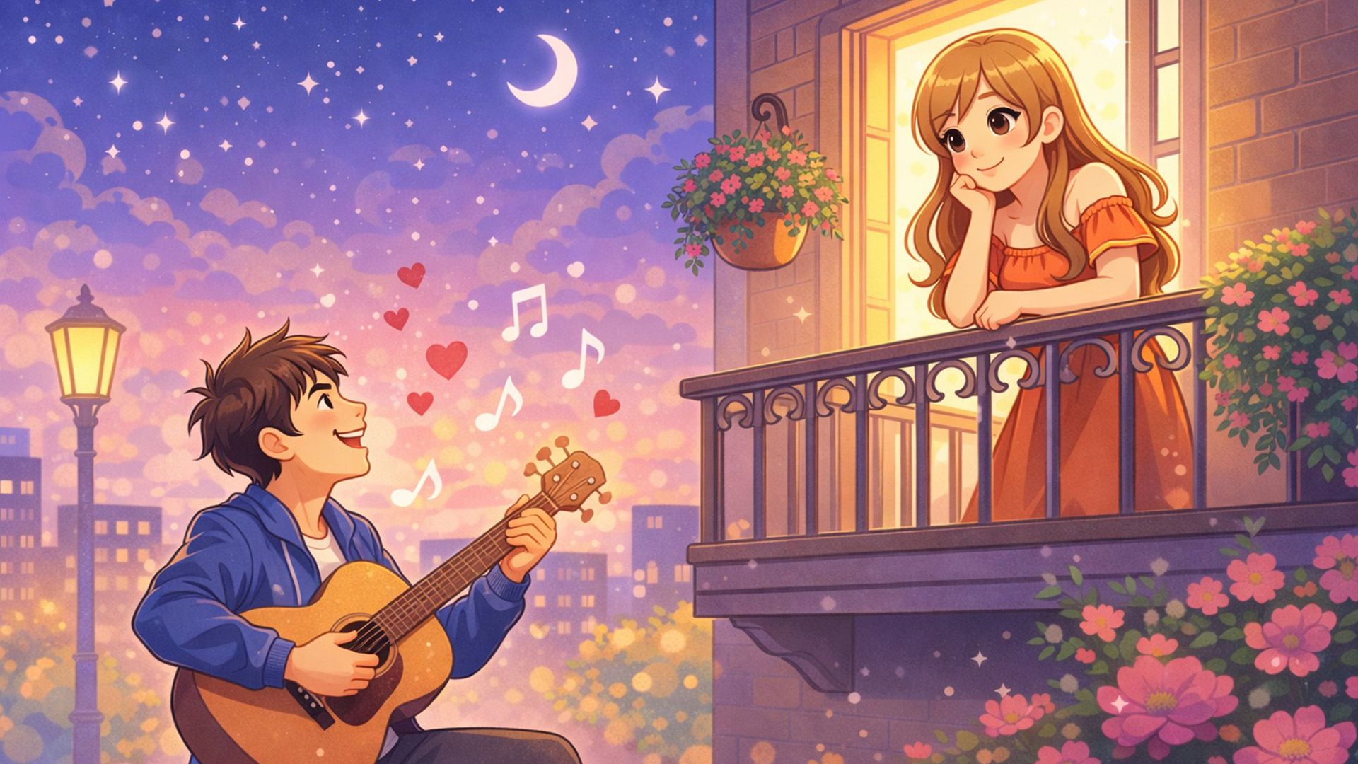 Девушка стоит на балконе и слушает серенаду, которую поёт стоящий под ним мужчина