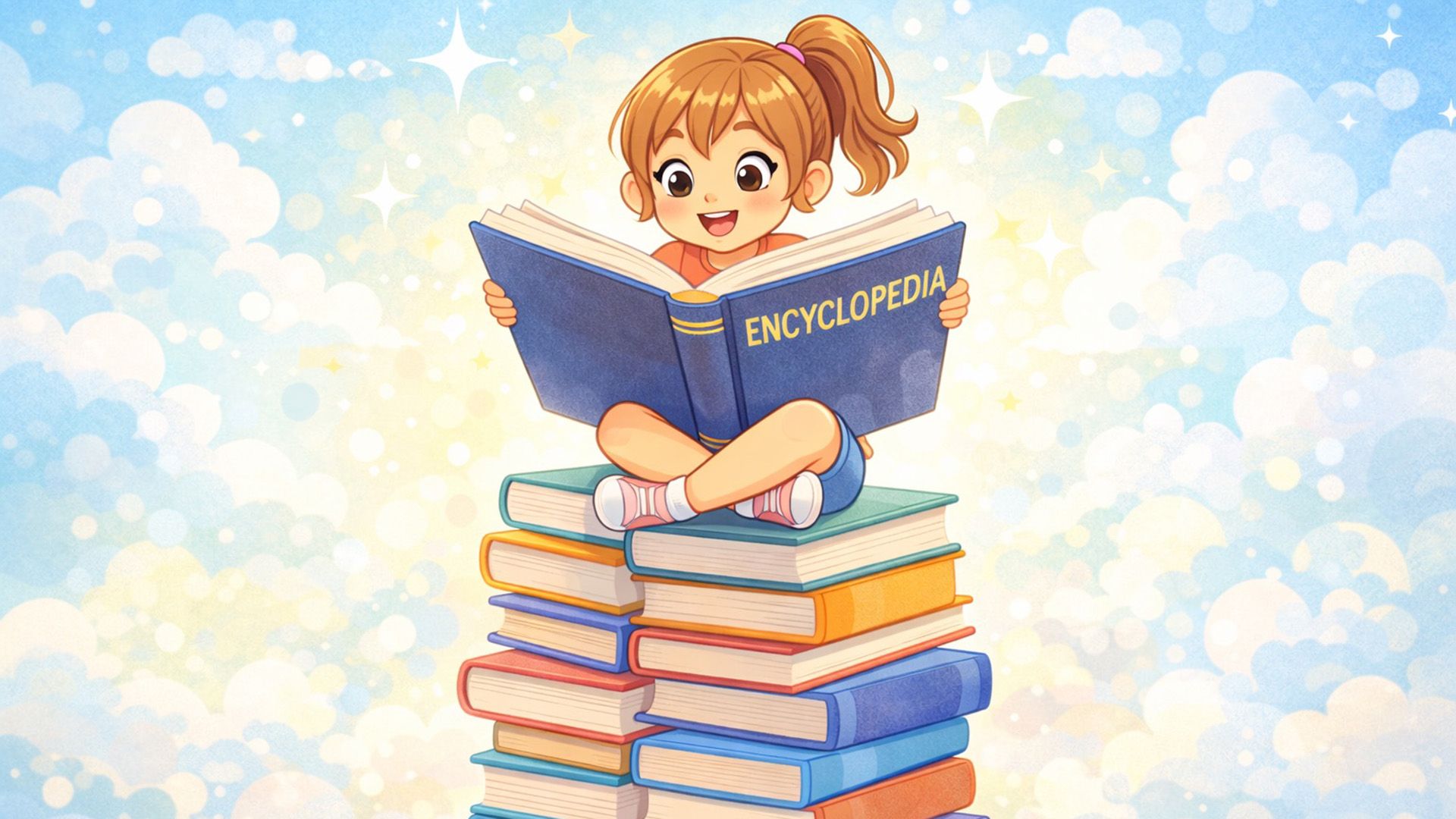 Маленькая девочка читает большую энциклопедию, сидя на высокой стопке книг